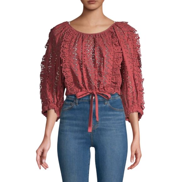 NWT Rebecca Taylor Karina Eyelet Ruffle Top Shirt Blouse Womens Medium Pink Crop - Picture 1 of 12